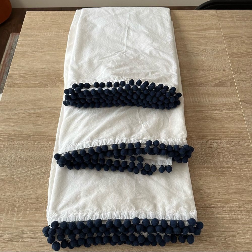 Pottery Barn Teen Sheer Curtains Drapes Navy Blue Pom Poms 44”x84” SET OF 3